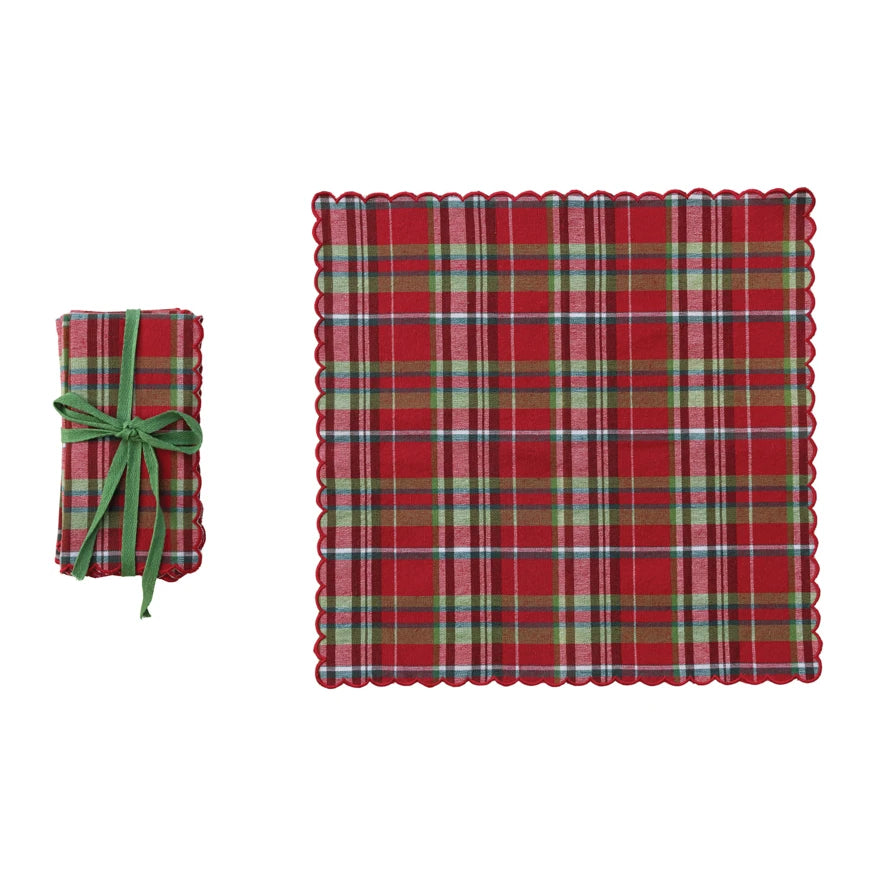Woven Cotton Scalloped Napkins with Stitched Edges, Set of 4 Tied with Green Cotton Tape