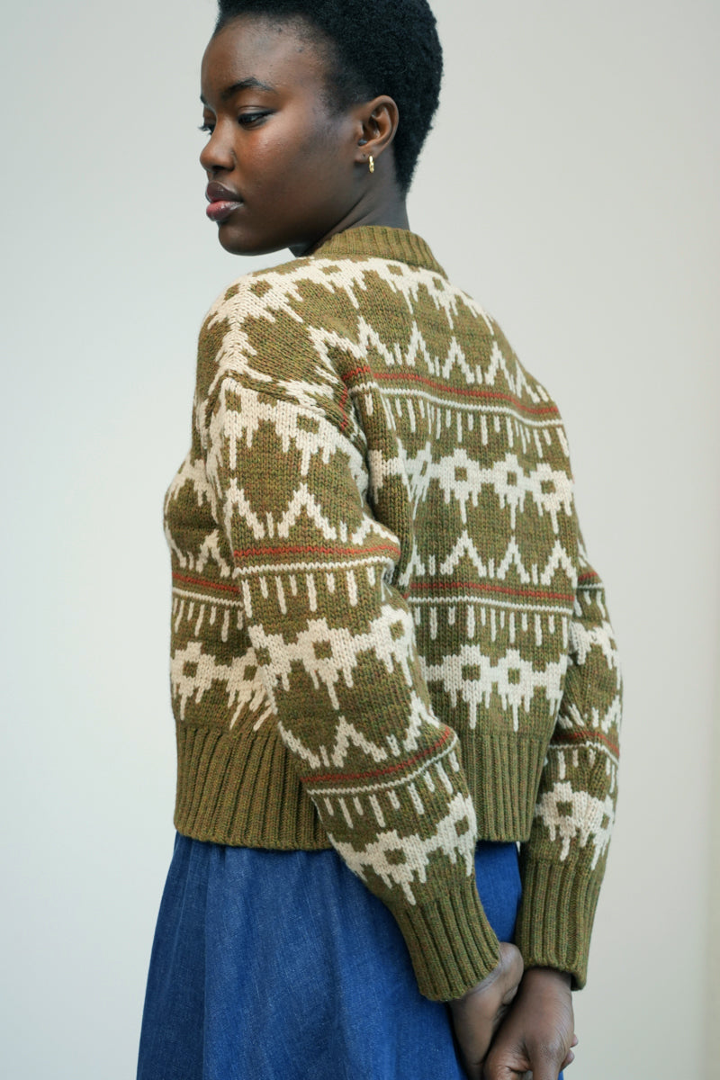 Sugi-Sue Recycled Wool Knitted Cardigan in Olive Marl Fairisle