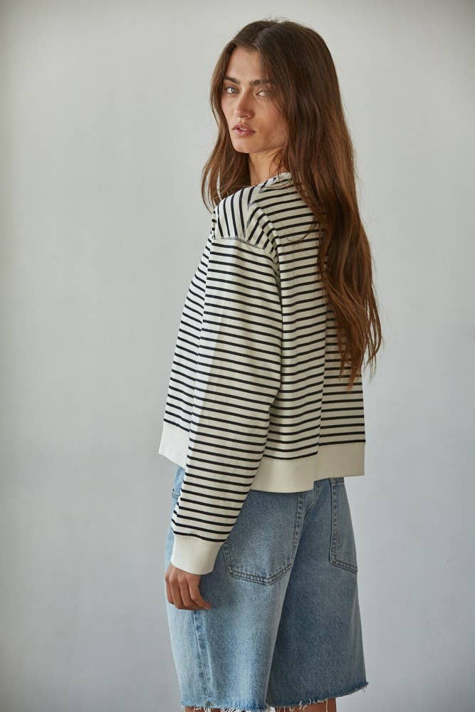 Knit Cotton Striped Crew Neck Long Sleeve Top