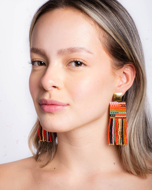 Beaded Handwoven Striped Knit Fringe Earrings