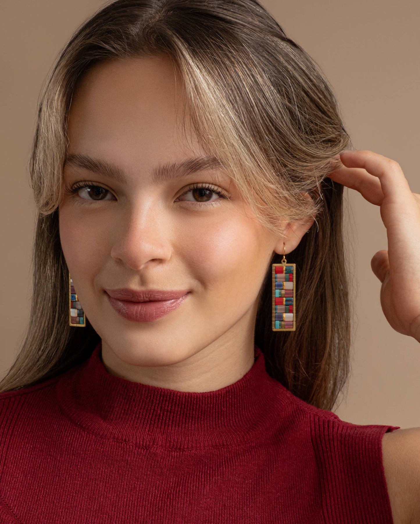 Beaded Handwoven Mosaic Tila and Brass Earrings