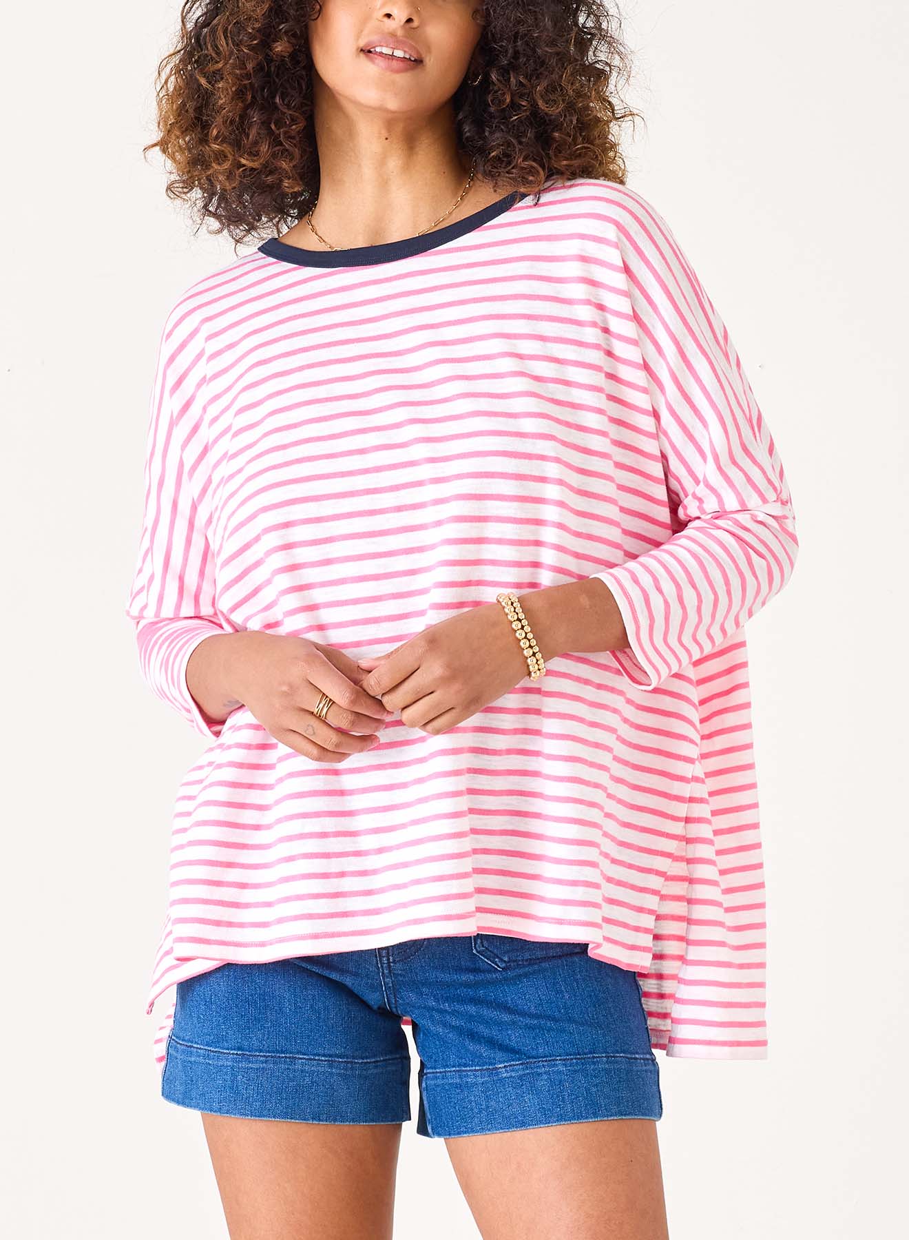 Catalina Slub Tee - Pink + White Stripe Ringer