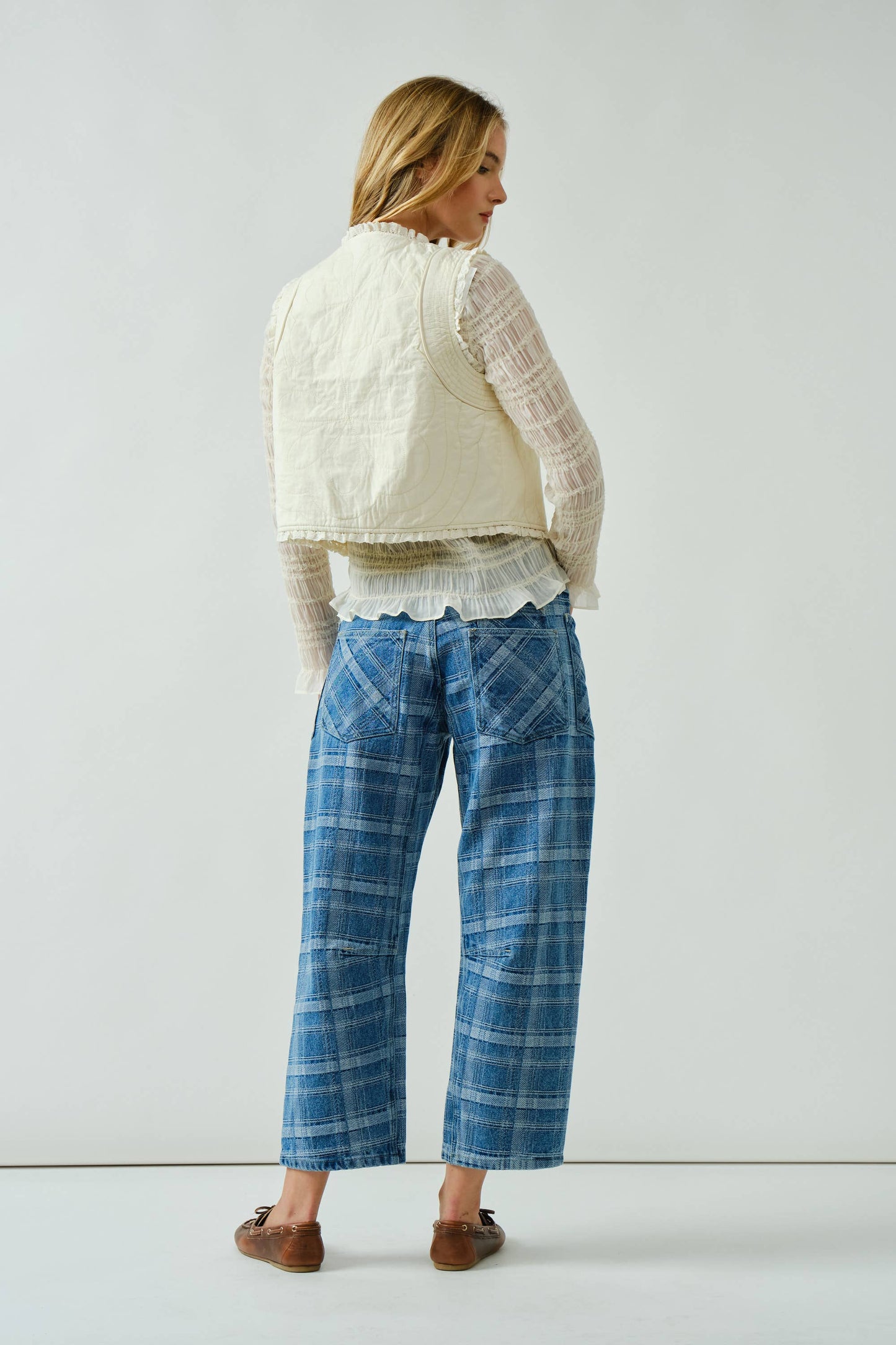 Plaid Semi Barrel Jeans with Drawstring Belt