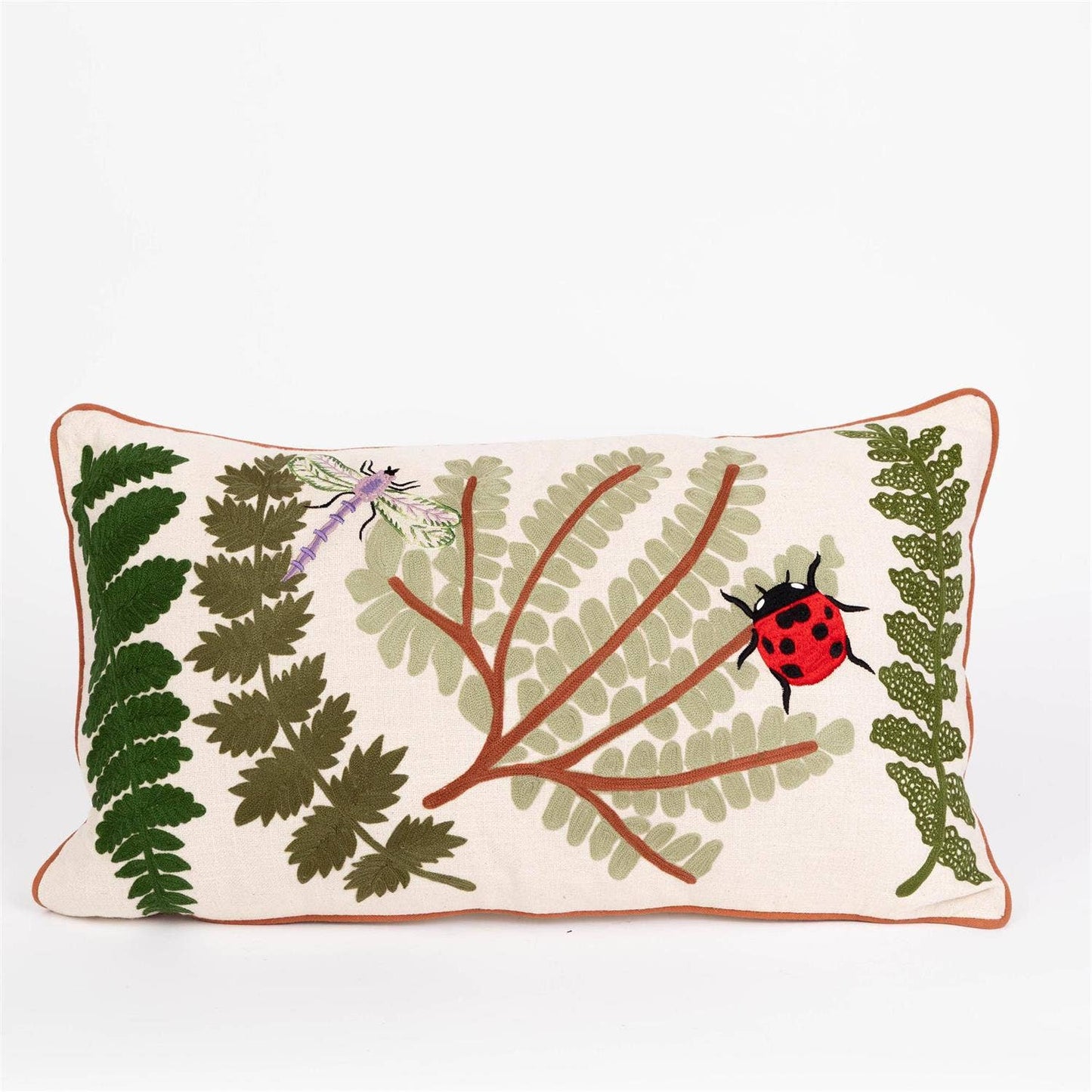 Embroidered Ferns And Bugs Lumbar Pillow
