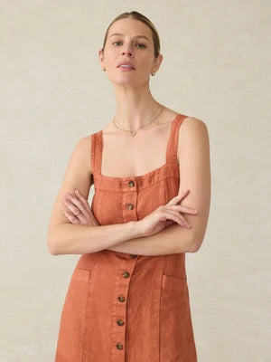 burnt orange button down mid length dress