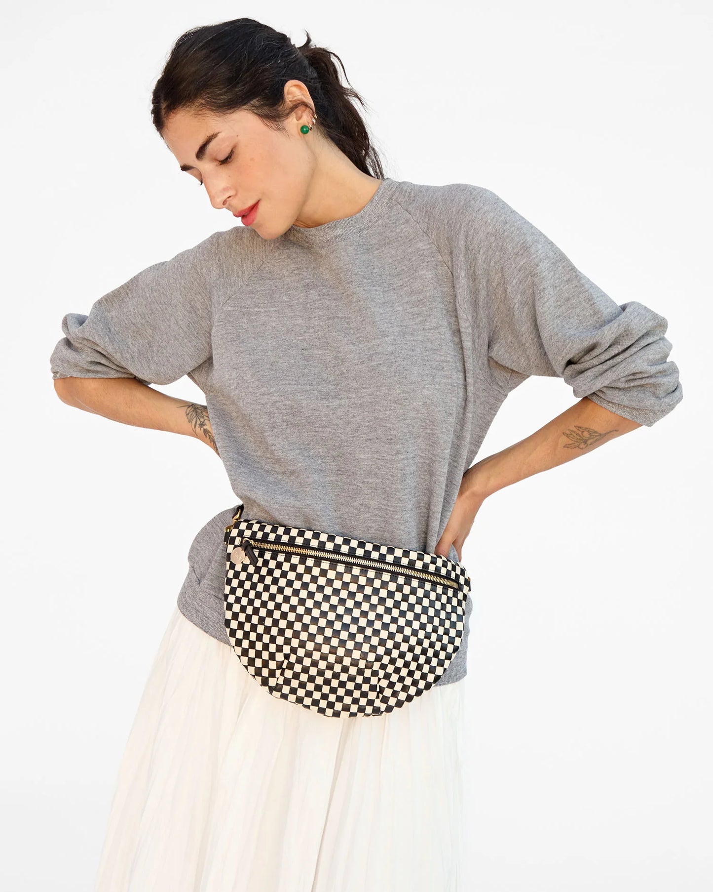 Clare V. Grande Fanny in Black/Cream Woven Checker