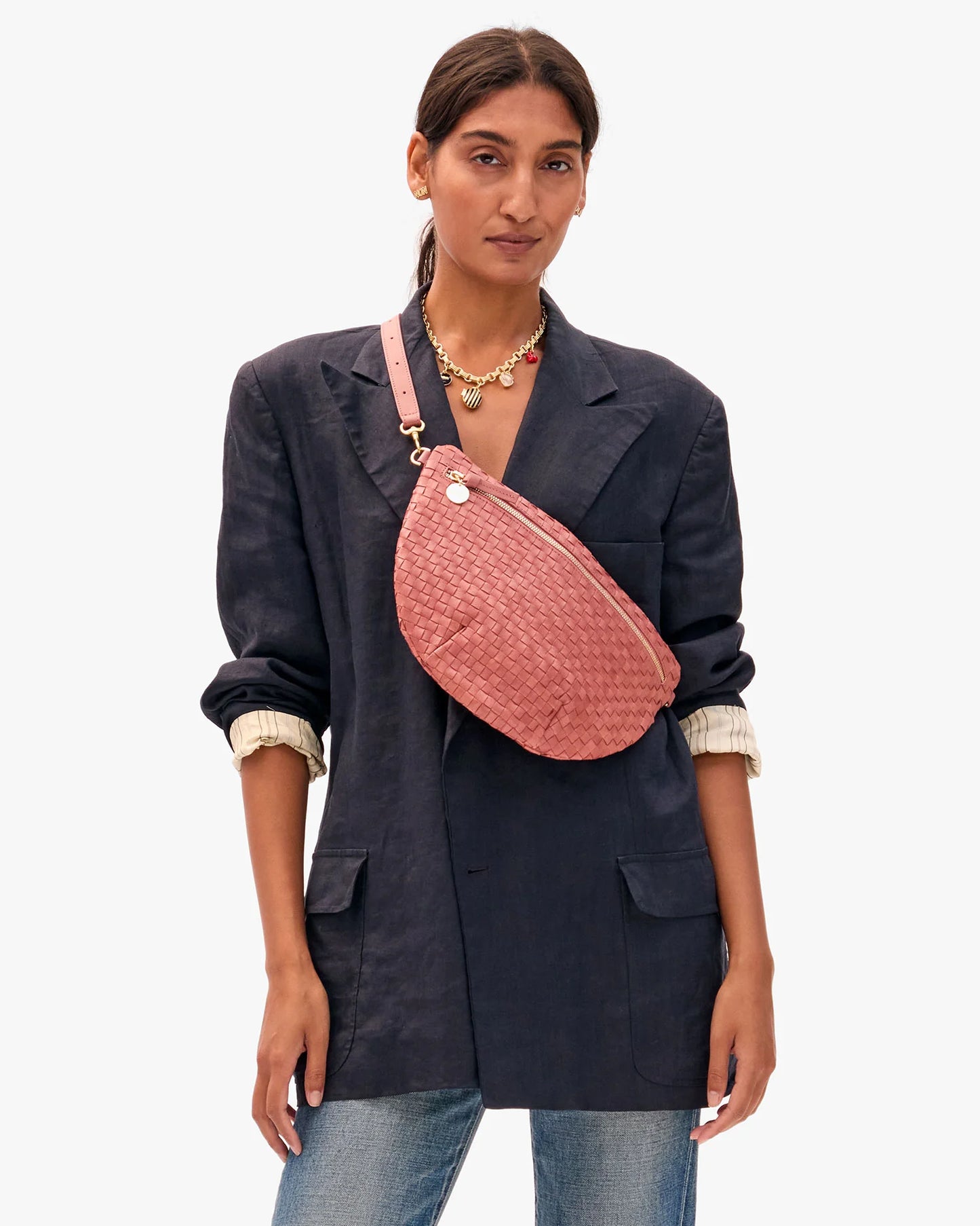 Clare V. Grande Fanny in Rose Clay Woven Checker