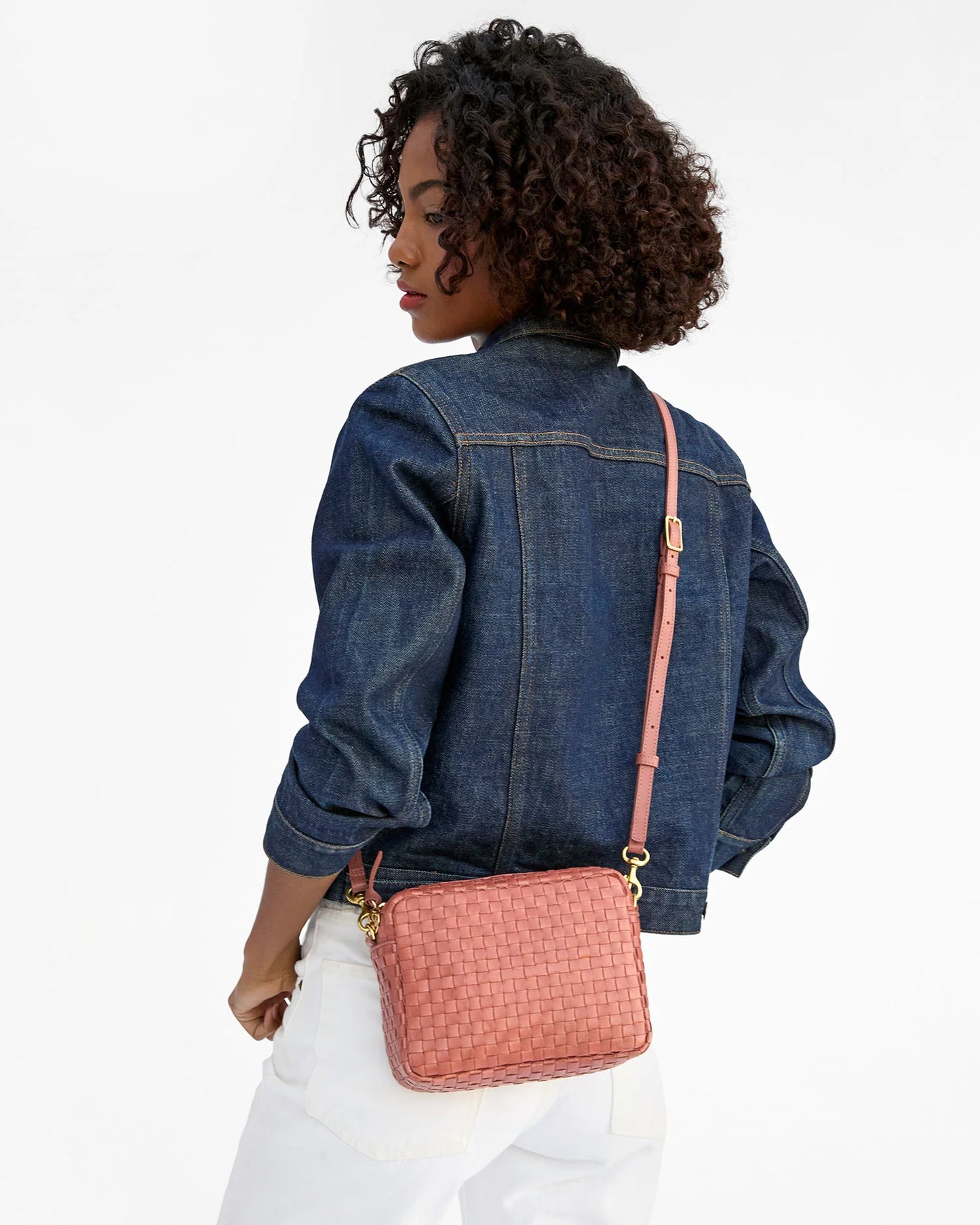 Clare V. Midi Sac in Rose Clay Woven Checker