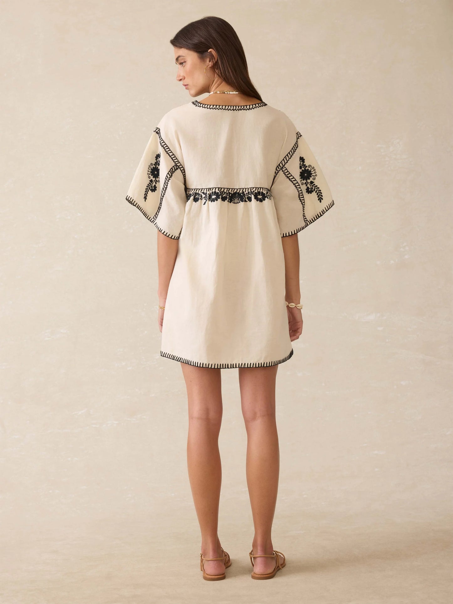 Embroidered Short Sleeve Linen Dress