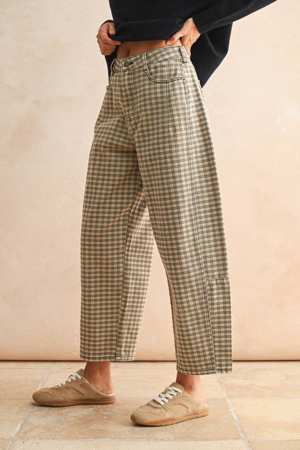 Mini Checker Barrel Pants in Navy and White Check