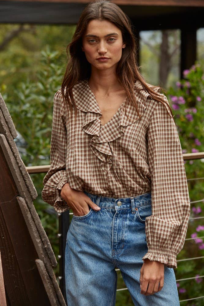 Woven Cotton Gingham Ruffled Blouse