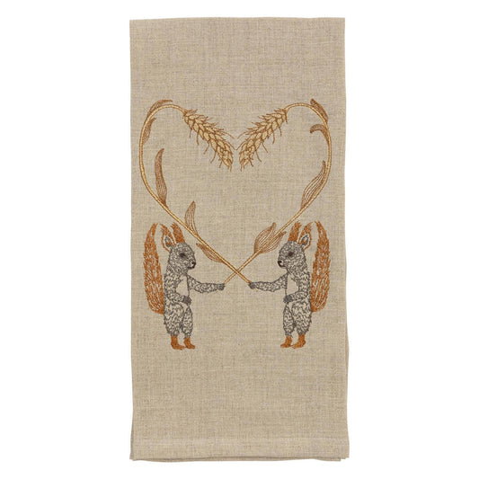 Embroidered Squirrels with Wheat Tea Towel