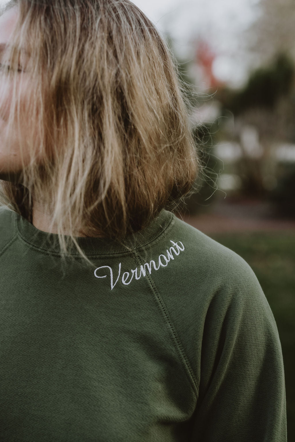 Vermont Embroidered Sweatshirt Green with Floral Embroidered Sleeve