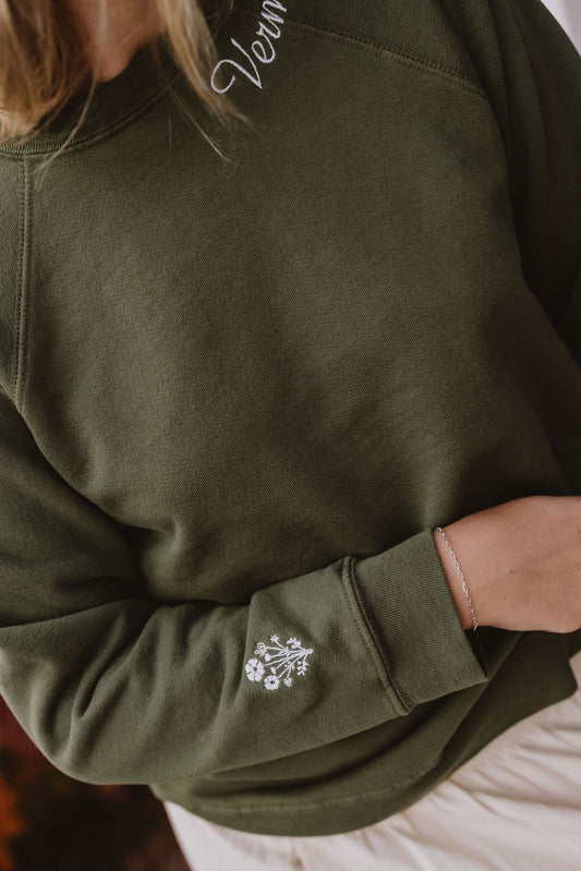 Vermont Embroidered Sweatshirt Green with Floral Embroidered Sleeve