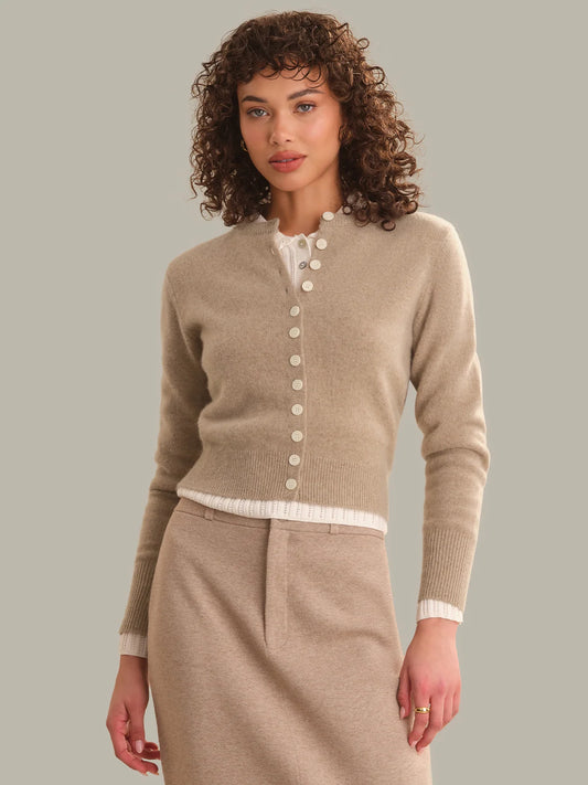 525 America Betsy Classic Cashmere Cardigan in Camel Heather