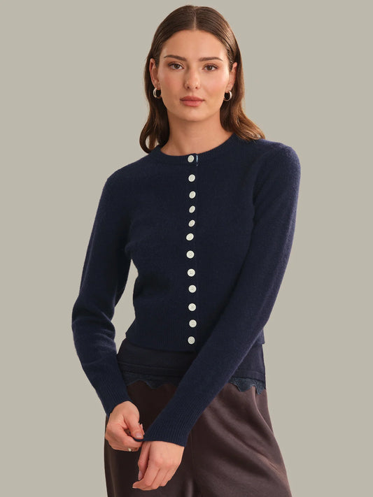 525 America Betsy Classic Cashmere Cardigan in Dark Blue