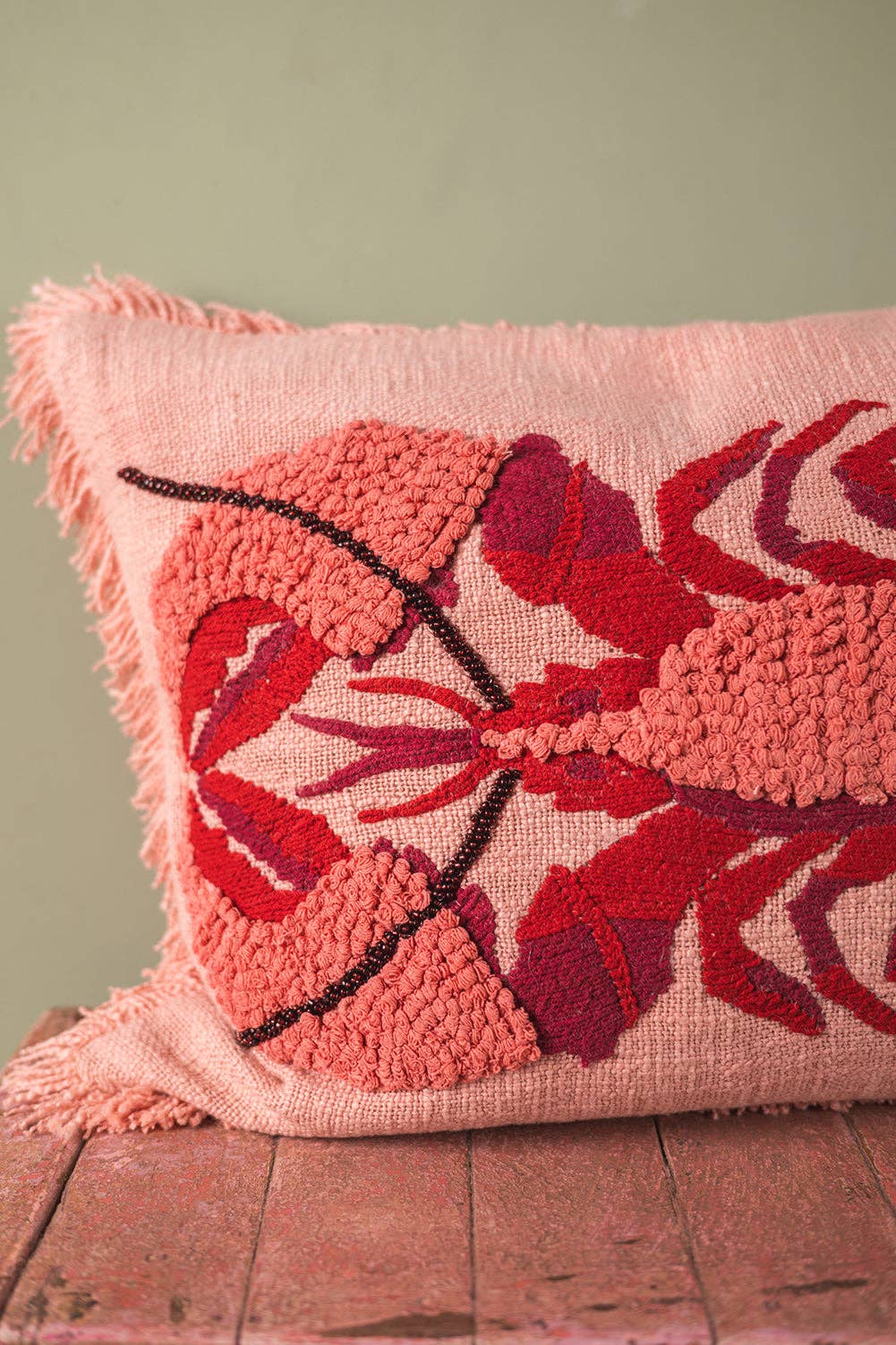 Lobster Embroidered & Tufted Pink Pillow