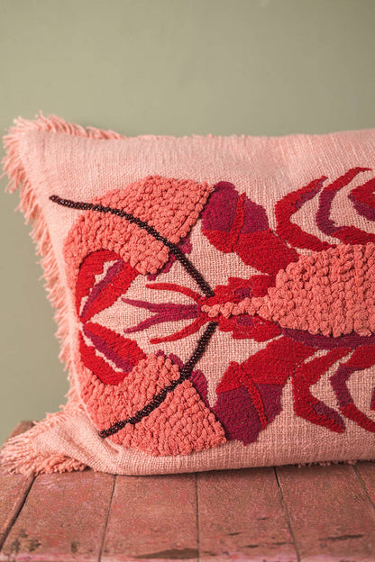 Lobster Embroidered & Tufted Pink Pillow
