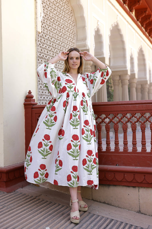 Taj Maxi Dress Red Flower Block Print