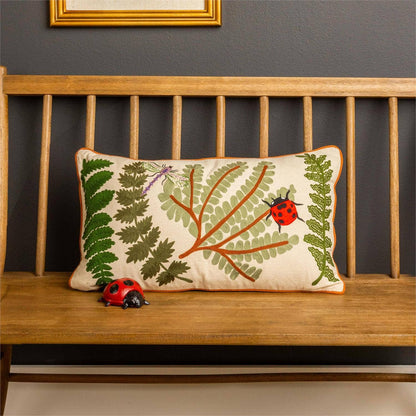 Embroidered Ferns And Bugs Lumbar Pillow