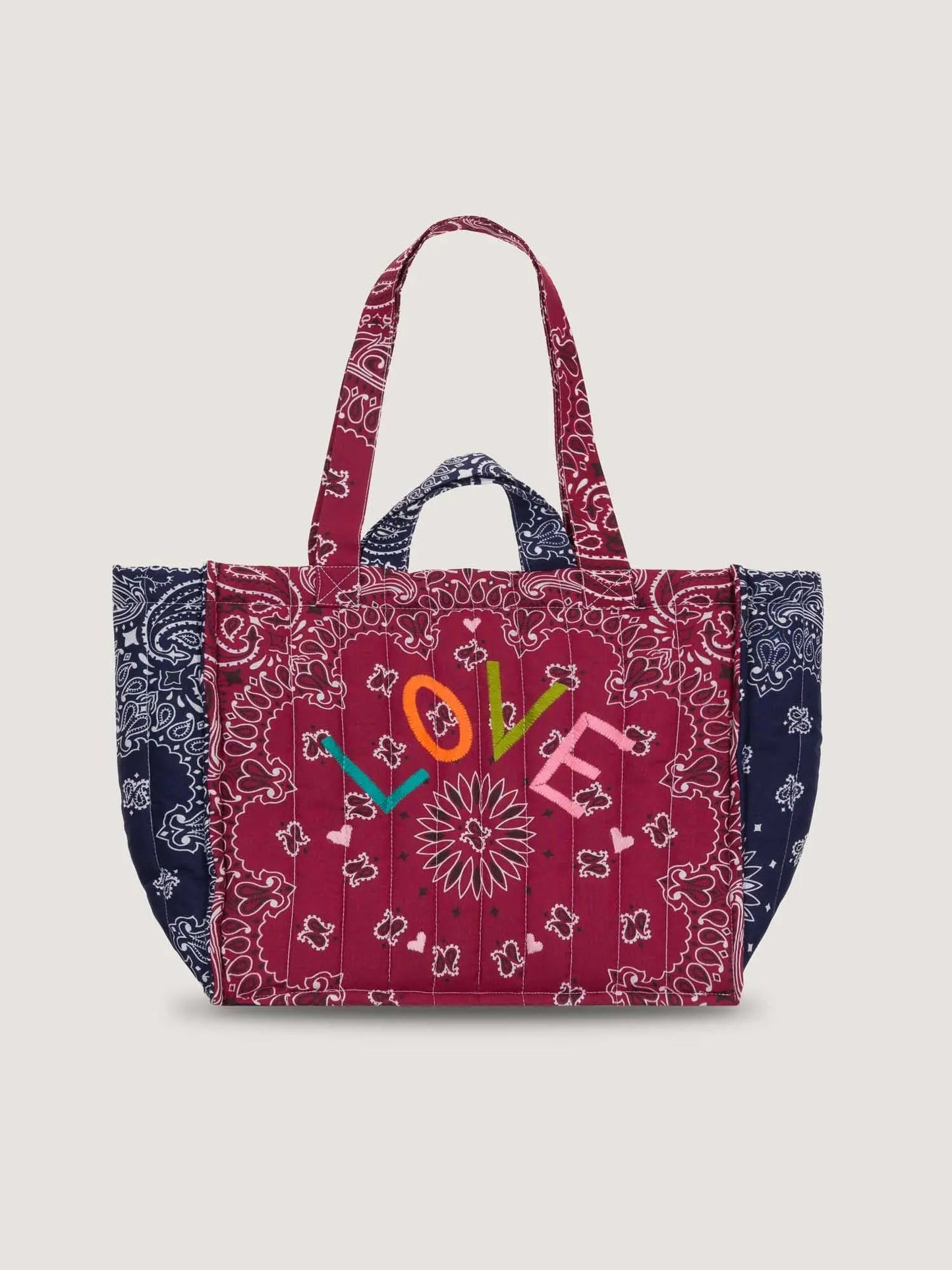 Medium Quilted Tote Bag - LOVE - Burgundy / Navy