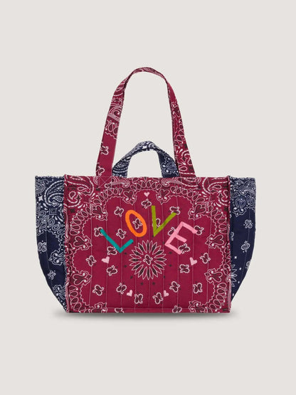 Medium Quilted Tote Bag - LOVE - Burgundy / Navy