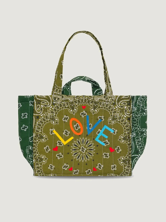Medium Quilted Tote Bag - LOVE - Bronze / Weekend Green