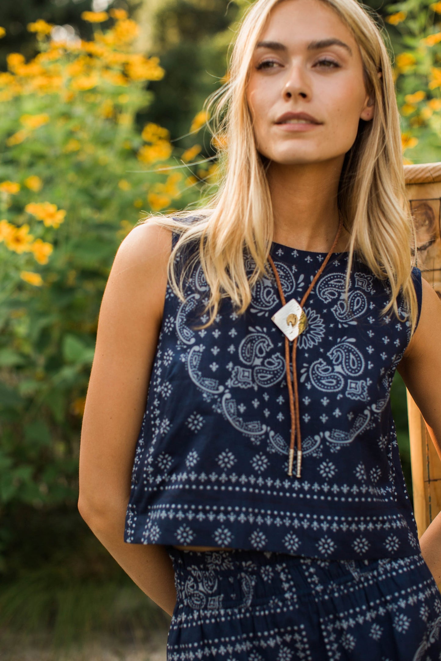Josie Cotton Cropped Tank - Navy Bandana
