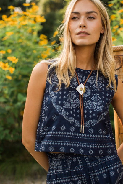 Josie Cotton Cropped Tank - Navy Bandana