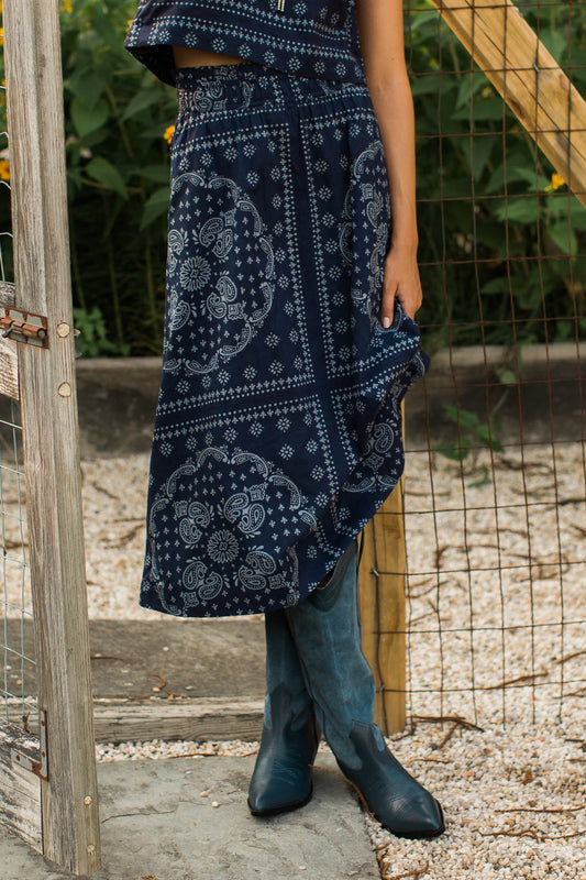 Lydia Cotton Midi Skirt - Navy Bandana