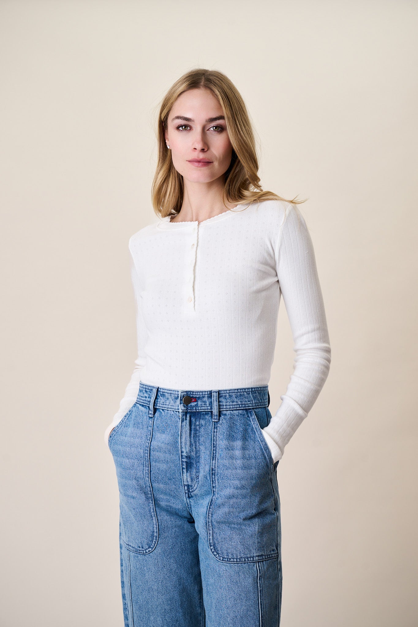 Pointelle Long Sleeve Henley - White
