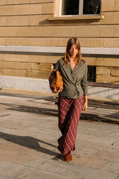 LONG MULTICOLOR CHECKERED SKIRT In Burgundy