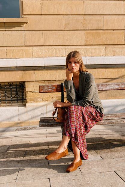 LONG MULTICOLOR CHECKERED SKIRT In Burgundy