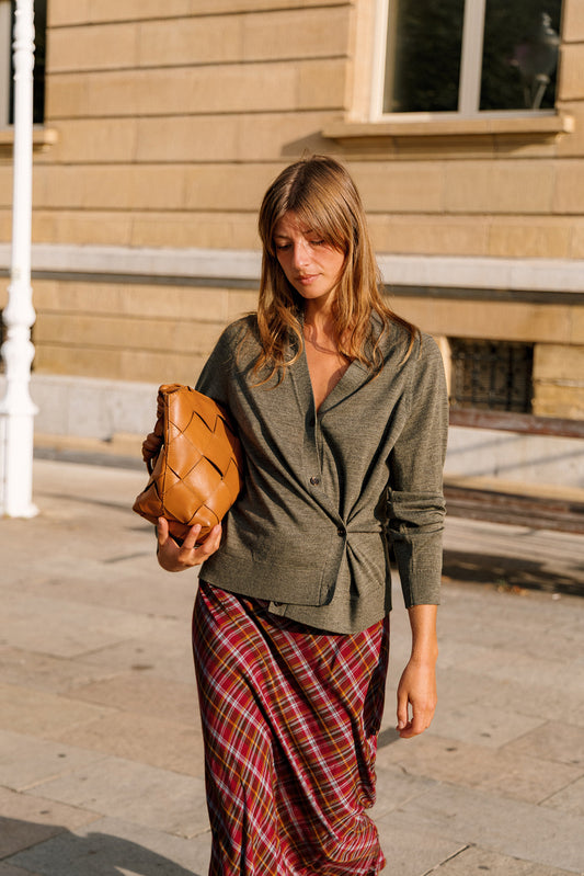 LONG MULTICOLOR CHECKERED SKIRT In Burgundy