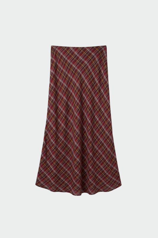 LONG MULTICOLOR CHECKERED SKIRT In Burgundy