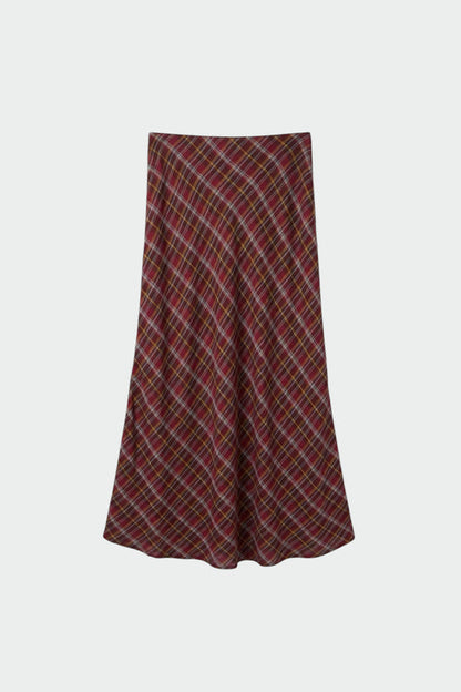 LONG MULTICOLOR CHECKERED SKIRT In Burgundy