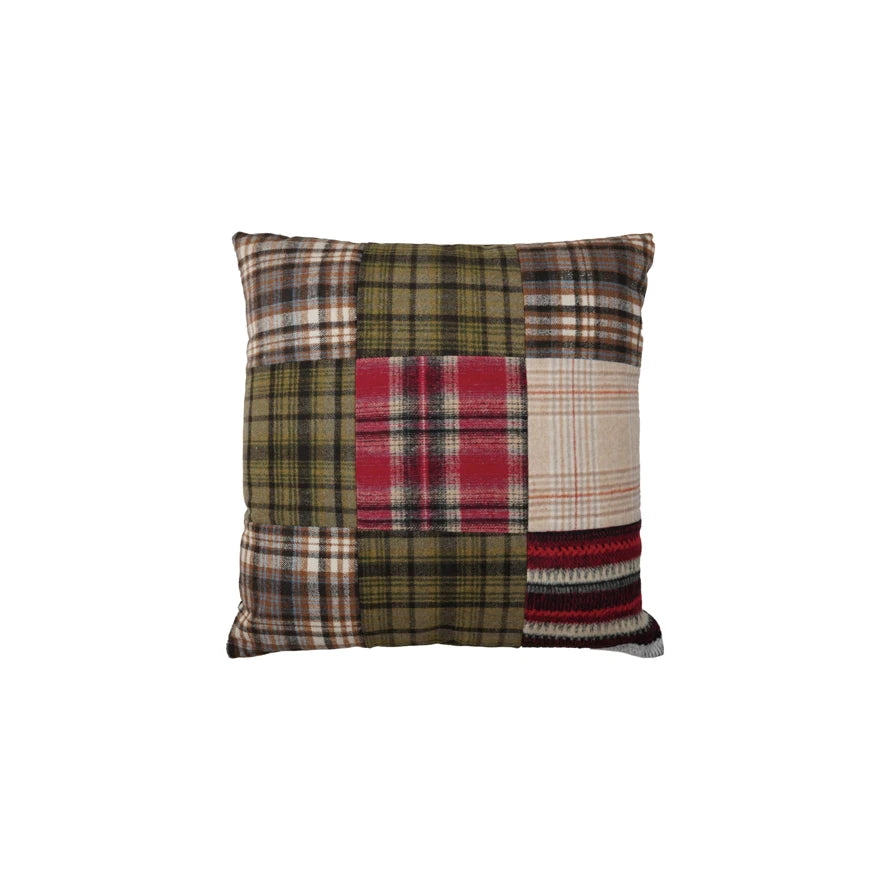 20" Square Fabric Flannel Pillow with Patchwork Plaid Pattern