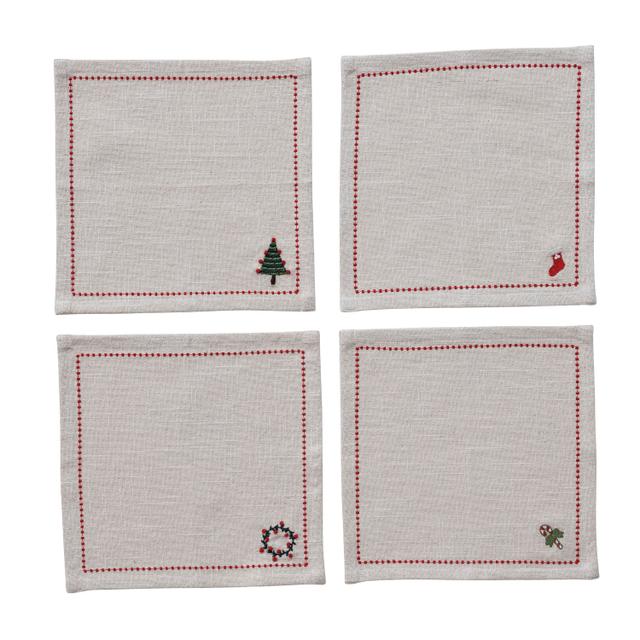 Woven Cotton Cocktail Napkins with Border Stitch, Set of 4 Tied with Cotton Tape