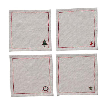 Woven Cotton Cocktail Napkins with Border Stitch, Set of 4 Tied with Cotton Tape