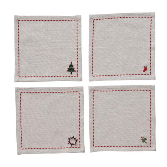Woven Cotton Cocktail Napkins with Border Stitch, Set of 4 Tied with Cotton Tape