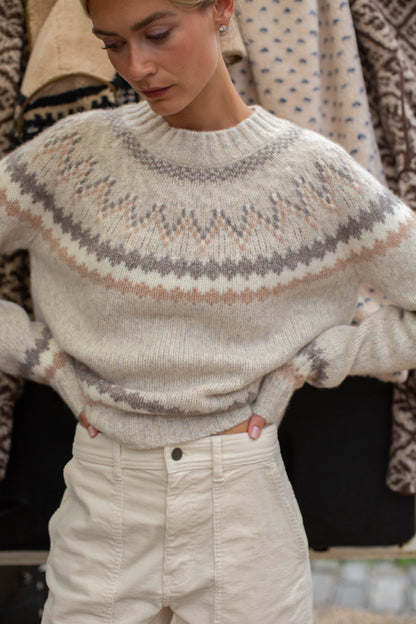 New England Fair Isle Crew - Ivory Heather