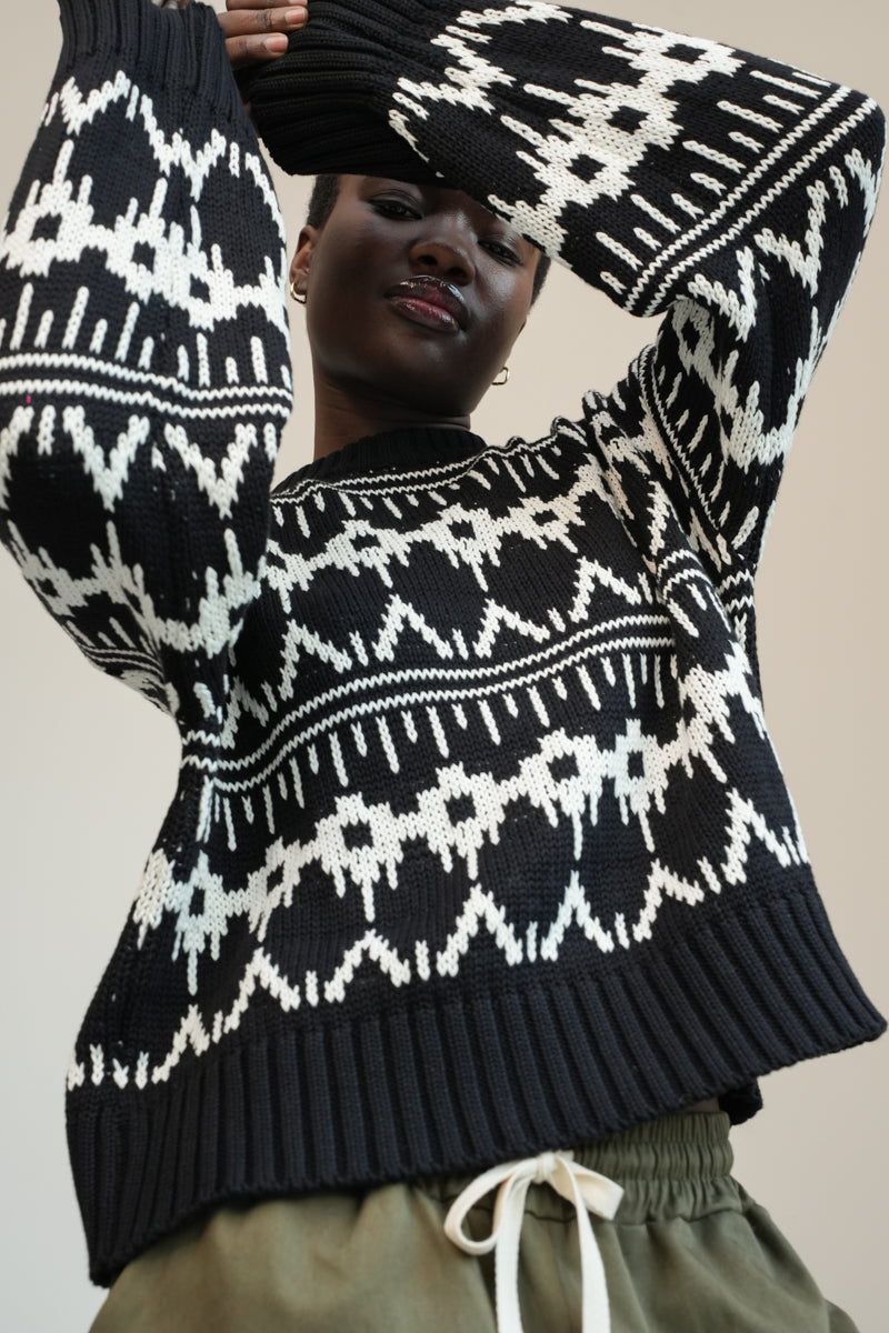Leo-Sue Organic Cotton Knitted Jumper in Black Fairisle