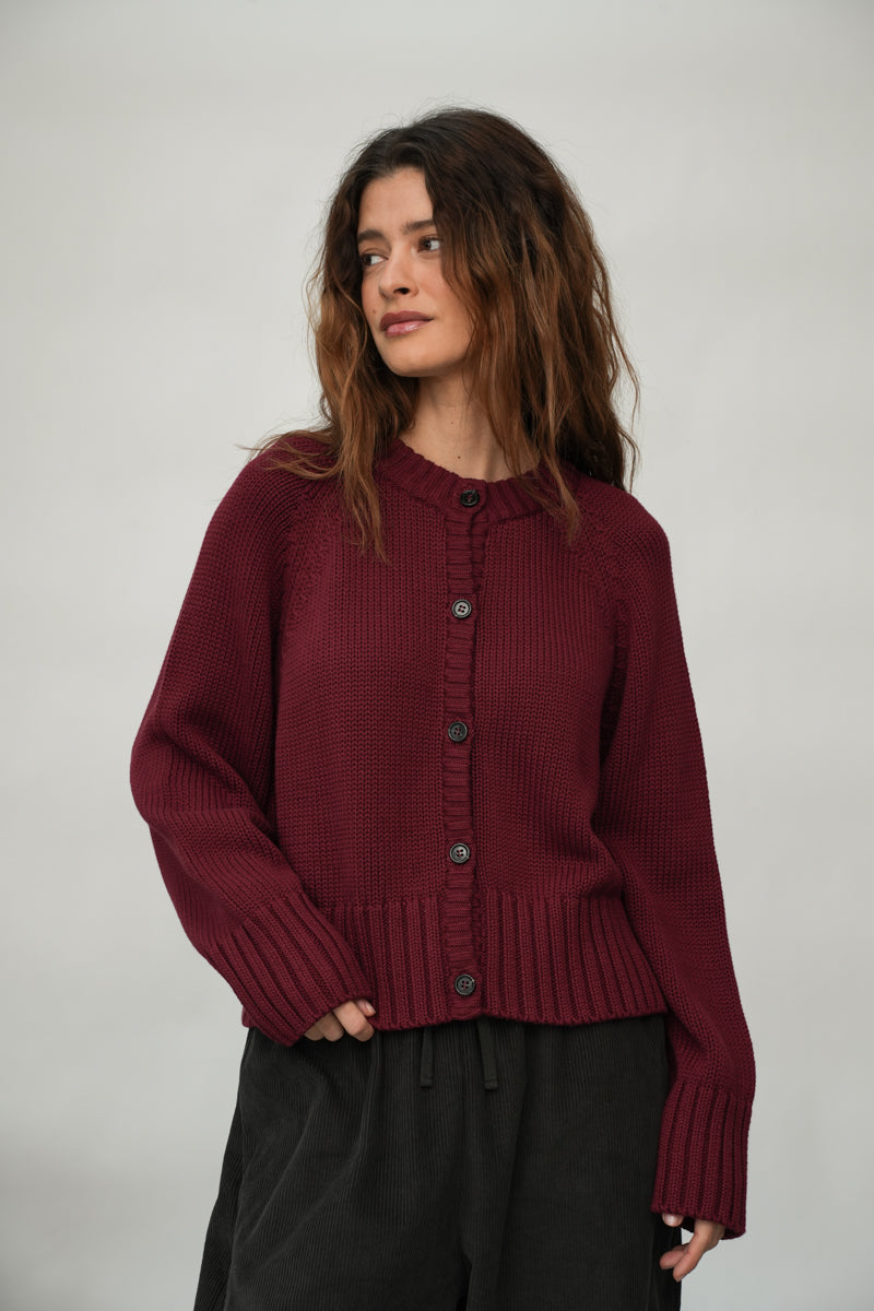 Sian Organic Cotton Knitted Cardigan in Bordeaux