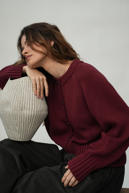 Sian Organic Cotton Knitted Cardigan in Bordeaux