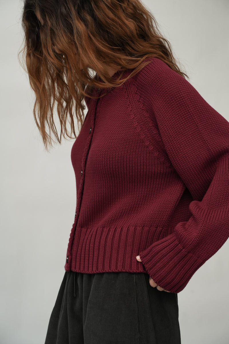 Sian Organic Cotton Knitted Cardigan in Bordeaux