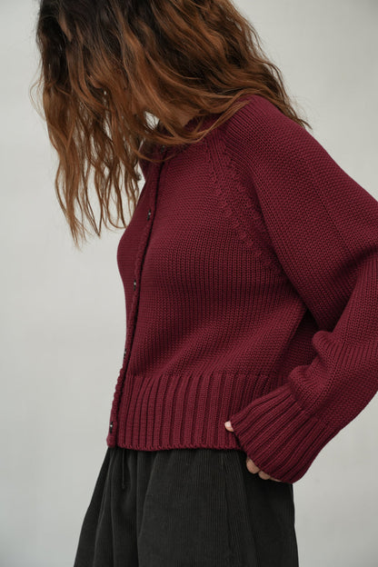 Sian Organic Cotton Knitted Cardigan in Bordeaux