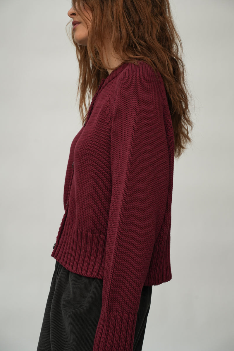 Sian Organic Cotton Knitted Cardigan in Bordeaux