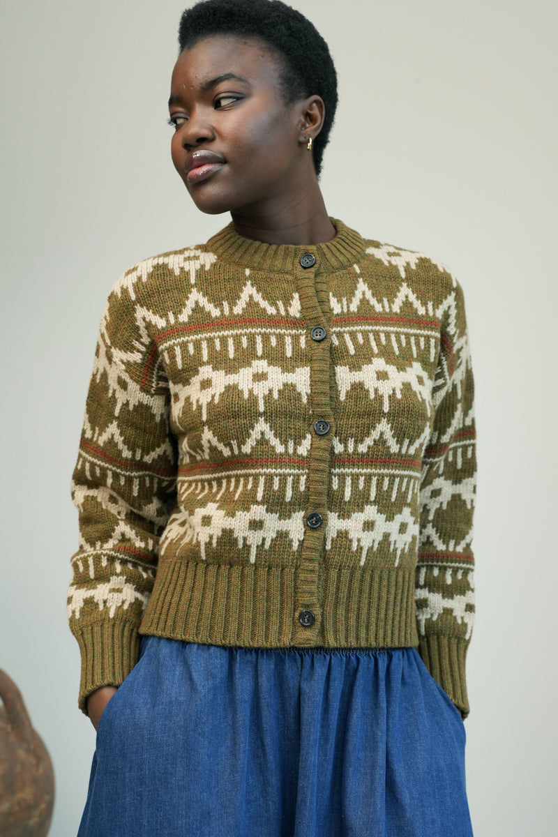 Sugi-Sue Recycled Wool Knitted Cardigan in Olive Marl Fairisle