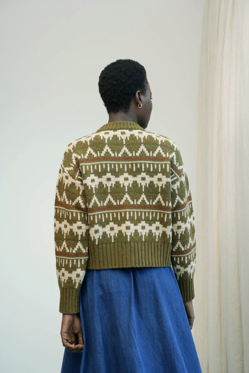 Sugi-Sue Recycled Wool Knitted Cardigan in Olive Marl Fairisle