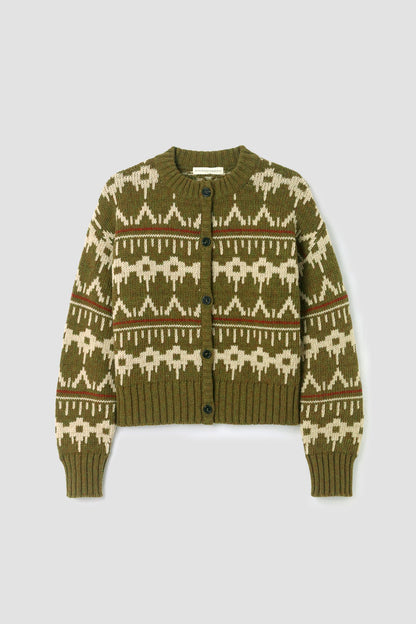Sugi-Sue Recycled Wool Knitted Cardigan in Olive Marl Fairisle